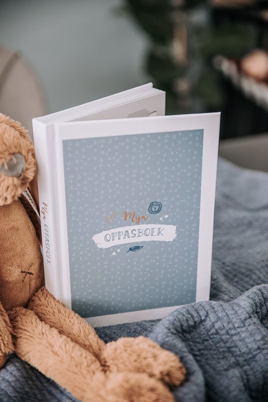 Blauw 'Mijn Oppasboek' met een patroon van kleine driehoekjes en sterretjes, met gouden tekst en een leeuwenkopje.
