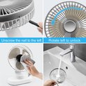 Illustraties tonen hoe de grill van de ventilator te demonteren, schoon te maken en onder de kraan te spoelen.