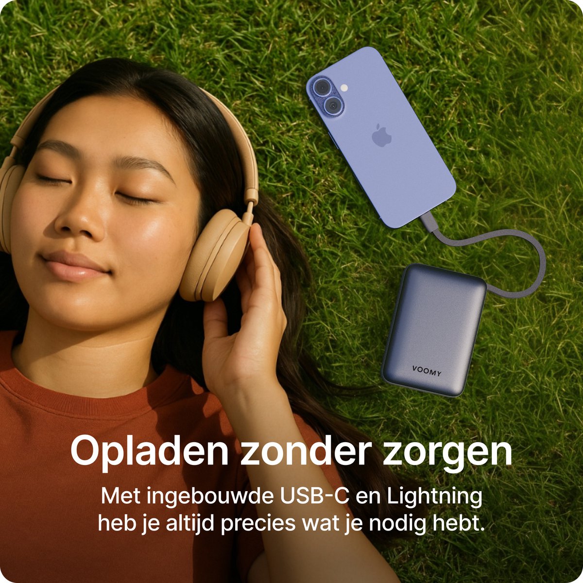 Afbeelding 3 van Voomy Powerbank 20000 mAh - Ingebouwde USB-C en Lightning Kabel - Powerbanks 22.5W Snellader - USB-C & USB-A Uitgang - Powerbank iPhone geschikt - Noodpakket - Led Indicatie