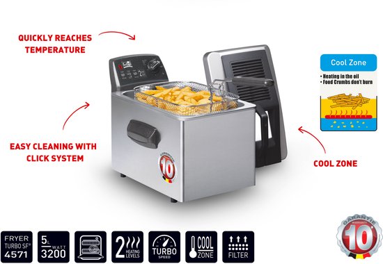Fritel Turbo SF 4571 friteuse met gedetailleerde specificaties en uitleg over de 'Cool Zone'.