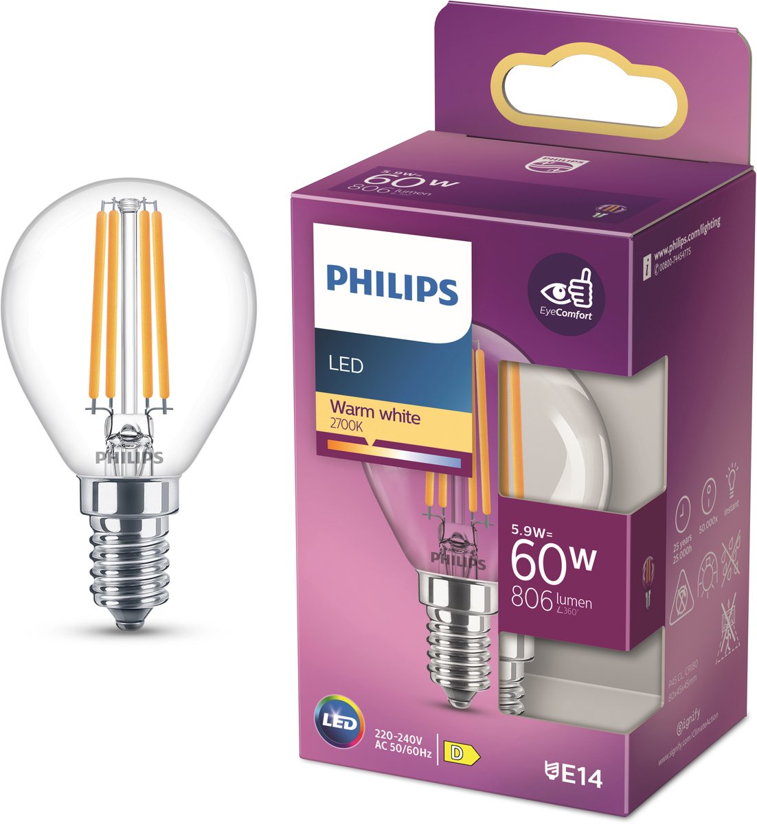 Philips LED lamp - Kogellamp met E14 fitting - Warmwit licht: 2700K - 60W - Helder glas