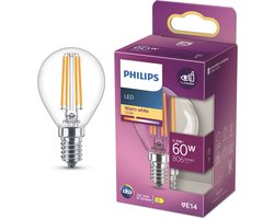 Philips LED lamp - Kogellamp met E14 fitting - Warmwit licht: 2700K - 60W - Helder glas