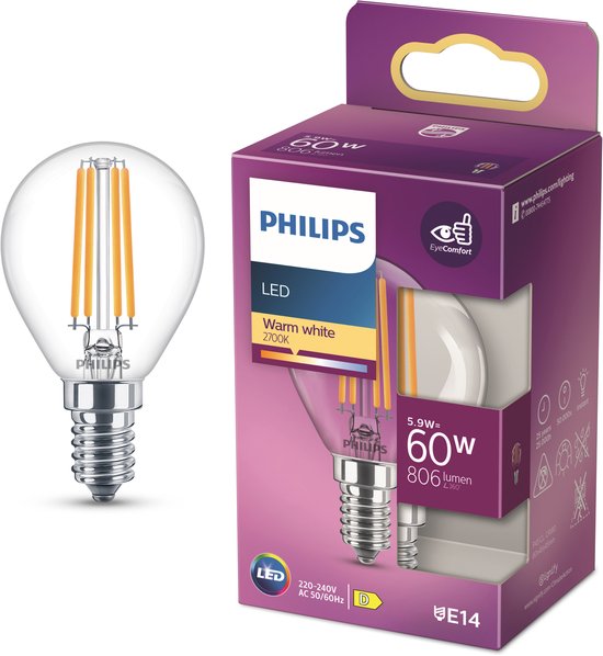 Philips LED lamp - Kogellamp met E14 fitting - Warmwit licht: 2700K - 60W - Helder glas
