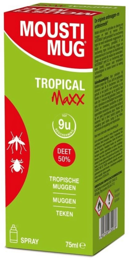 Groene en rode spuitbus met "Mousti Mug Tropical Maxx" en "DEET 50%".