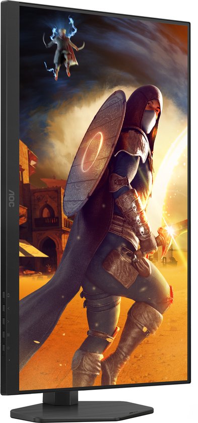 Zijaanzicht van een AOC gaming monitor. Beeld van een krijger in woestijnstad, met 260Hz overklok en 1ms GTG.