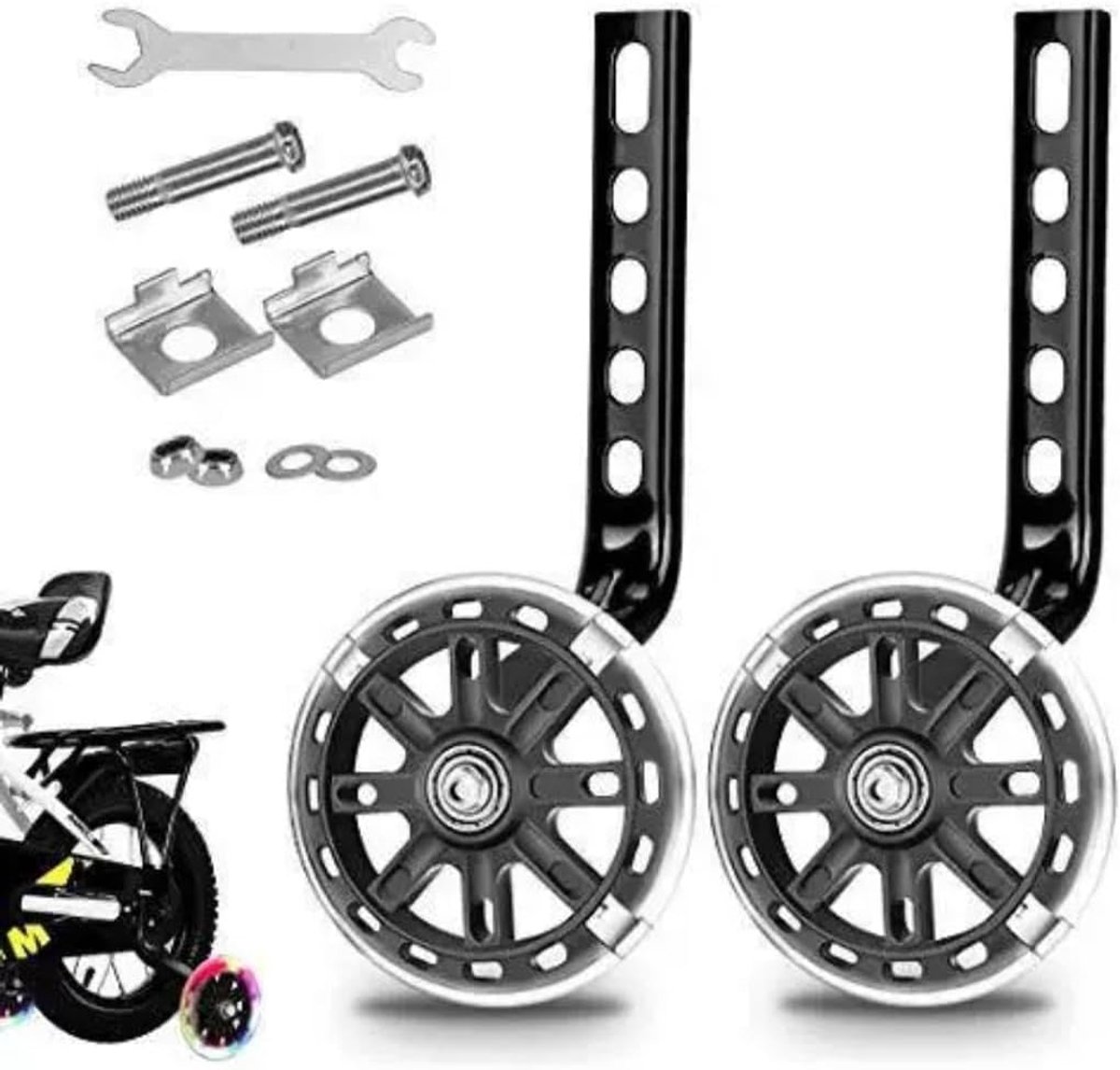Fietstrainingswielen Mute Flash Wheels - Verstelbare fietsstabilisator gemonteerde kit compatibel - met fietsen van 12 14 16 18 20 inch, 1 paar (zwart)