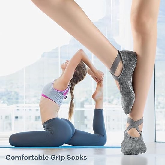 3 paar yogasokken - Pilatessokken - antislipsokken - sportsokken - balletsokken - voor yogapaal Pilates dans - zwart, donkergrijs en roze van Merkloos — afbeelding 4