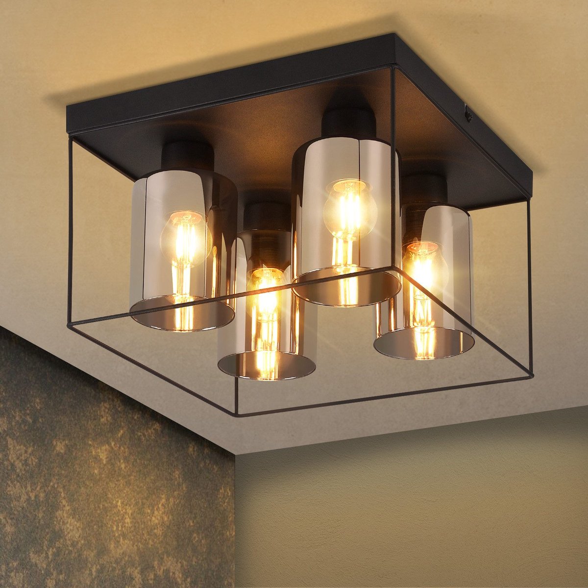 NETTLIFE Plafondlamp Glas – zwart - E27 Fitting - 4-Lichts - Vintage Ganglamp – Metaal - voor Slaapkamer | Woonkamer – Zonder Lichtborn