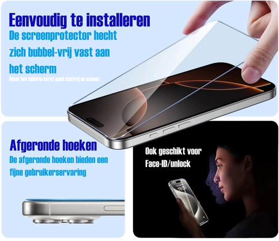 Handen plaatsen gehard glas screenprotector op een smartphone. Close-up van afgeronde hoeken van de telefoon. Scherm wordt ontgrendeld met Face ID.