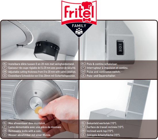 FRITEL Snijmachine - SL 3657 - Broodsnijmachine met Universeel Mes - Vlees- en Broodsnijder - 0-20mm -Ø 17cm - Vleessnijmachine voor thuis elektrisch - Schuine slede 15° - 150W van Fritel — afbeelding 5