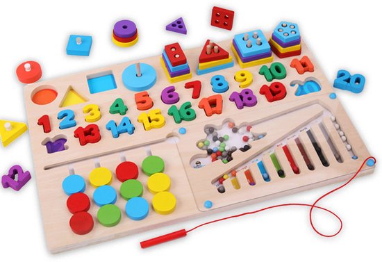 6-in-1 Montessori Houten Speelgoed - Cijfers Leren, Vormen, Rekensommen, Kleuren Sorteren & Magneetkralen - Stapelspeelgoed - Magneet spel - Logisch Denken Montessori Bord - Sensorisch - Sorteerspel - Activiteitenbord - Jongens - Meisjes - Cijfers