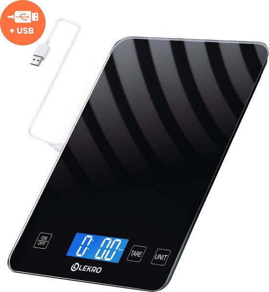 Lekro Keukenweegschaal Digitaal – Weegschaal Keuken - USB Oplaadbaar - 1gr-15kg – Tarra Functie - Zwart