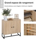 Een houten kast met visgraatpatroon op de deuren en zwarte metalen poten. De kast is afgebeeld met open deuren en een detail van de verstelbare planken.