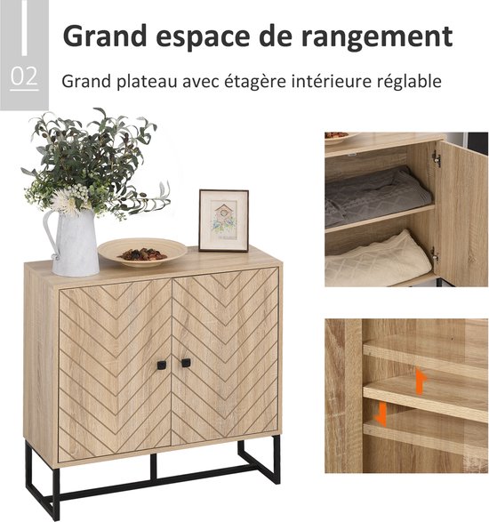 Een houten kast met visgraatpatroon op de deuren en zwarte metalen poten. De kast is afgebeeld met open deuren en een detail van de verstelbare planken.