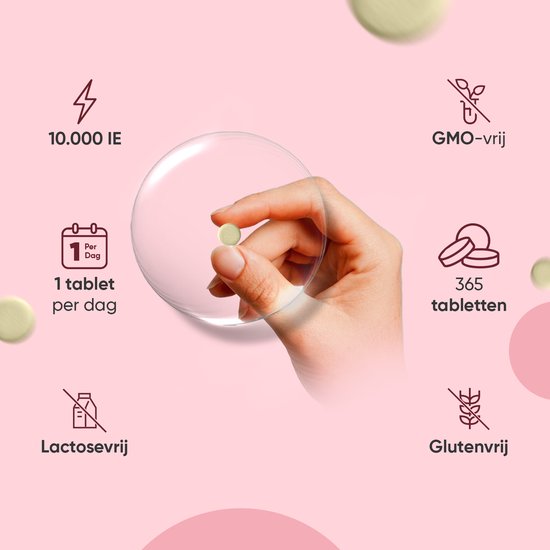 Hand die een WeightWorld Vitamine A tablet vasthoudt, met vermelding van 10.000 IE, 1 tablet per dag, 365 tabletten, GMO-vrij, lactosevrij en glutenvrij.