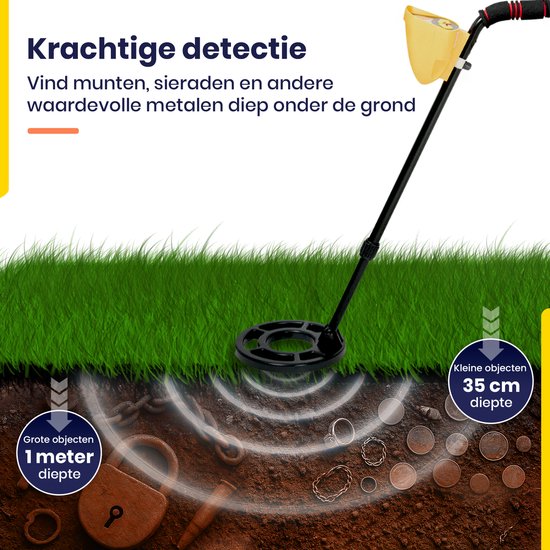 Gele metaaldetector in de grond die munten, ringen en een slot detecteert. Tekst: 'Krachtige detectie'.