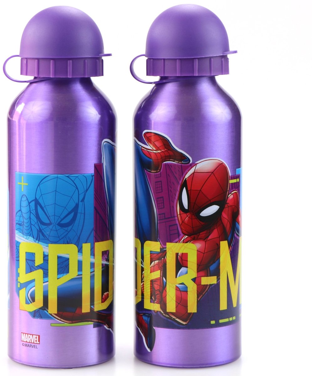 Waterfles Spiderman Aluminium | drinkfles set 2 stuks Paars Spider-Man | 2 stuks 500 ml DB21