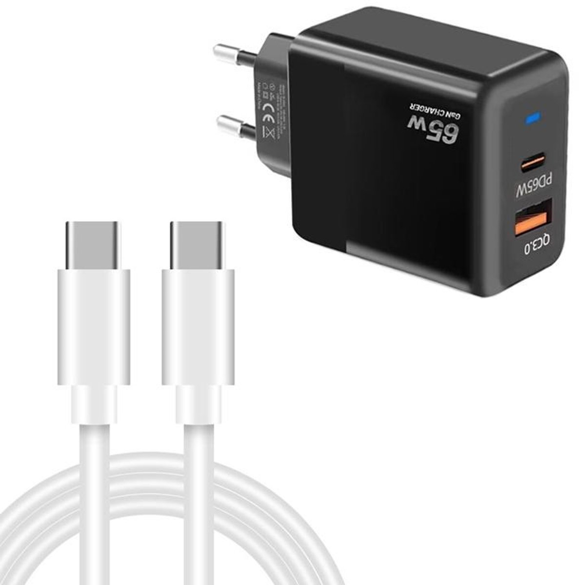 65W GaN Snellader - PD 45W + QC3.0 USB - Dual-Port Oplader Adapter - Incl. 1 meter USB-C naar USB-C kabel - voor Laptop, Tablet & Smartphone - zwart