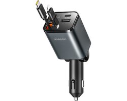 Joyroom 4in1 - Autolader met USB C en Lightning Kabel - 65W Snellader - Uittrekbare Kabel - Zwart Grijs