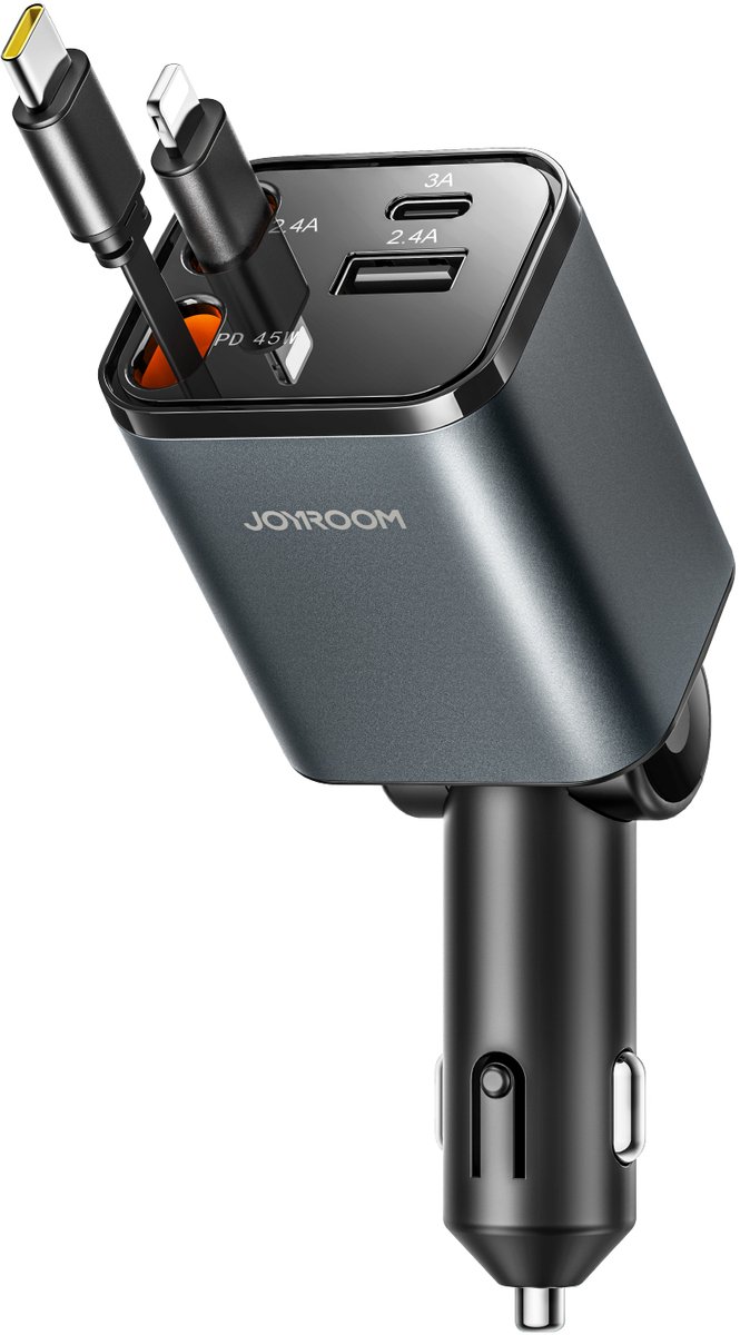 Joyroom 4in1 - Autolader met USB C en Lightning Kabel - 65W Snellader - Uittrekbare Kabel - Zwart Grijs