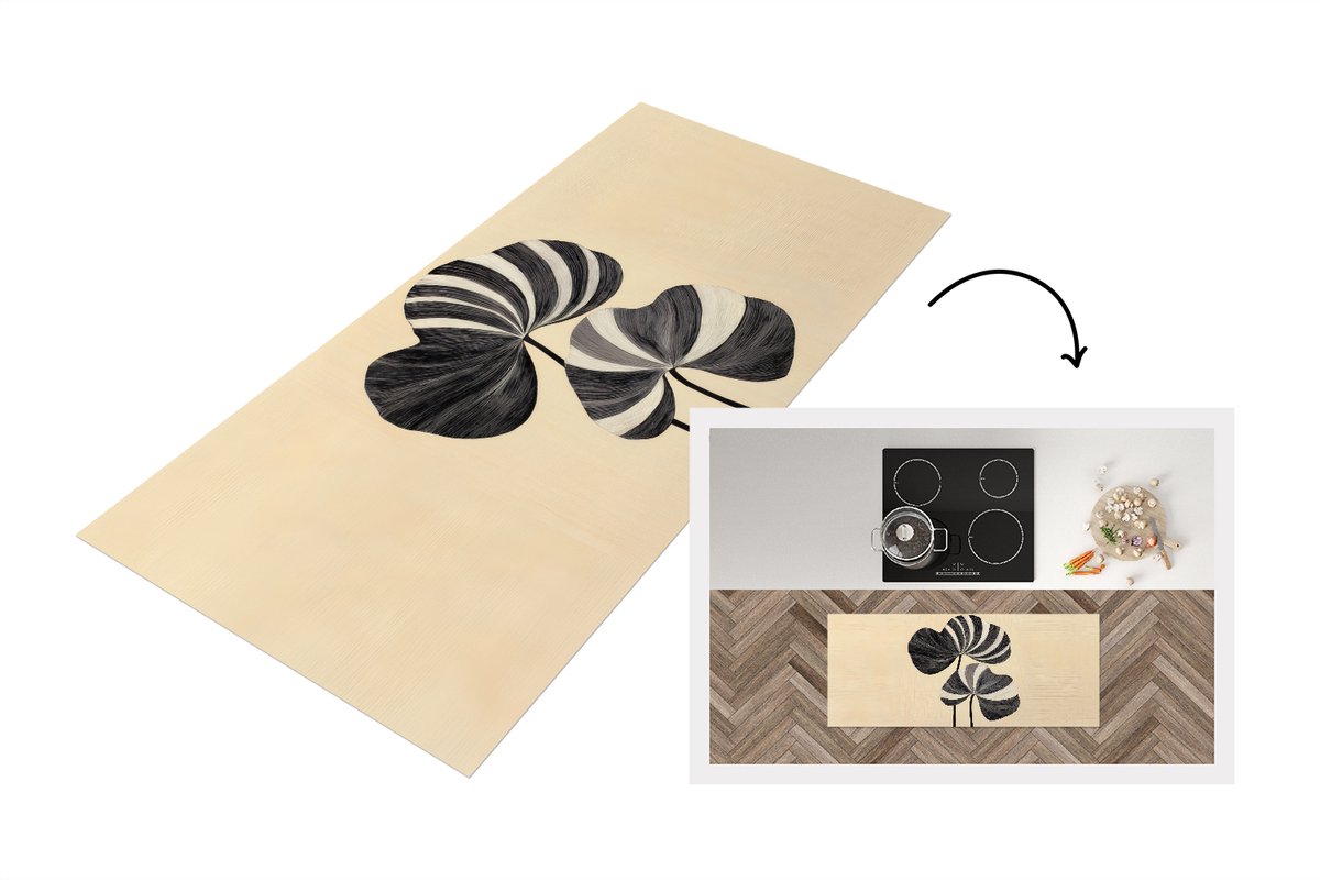 KitchenYeah Keukenloper 120x50 cm - Keukenmat vinyl Zwart - Bladeren - Strepen - Minimalistisch - Keukenmatten loper - Keuken vloerkleed tapijt