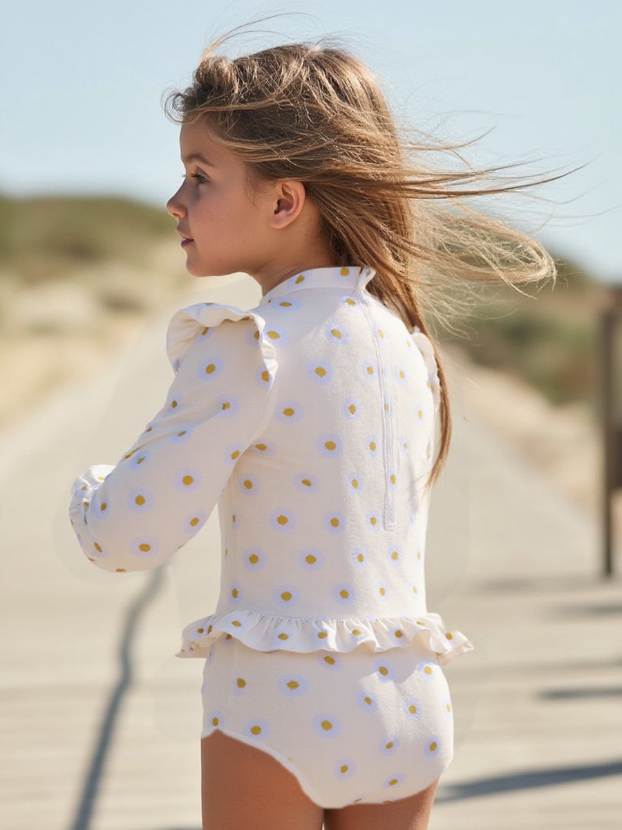 Joya Kids® Badpak Lange Mouw Gebroken Wit met Bloemen print met Ruches Meisjes | Zwempak met ruches UV Badpak Madeliefjes | Zwempak Lange Mouw UV Bescherming | Meisje Bikini Zomer | Kinderbadpak Peuter | | 2 - 3 Jaar — afbeelding 7