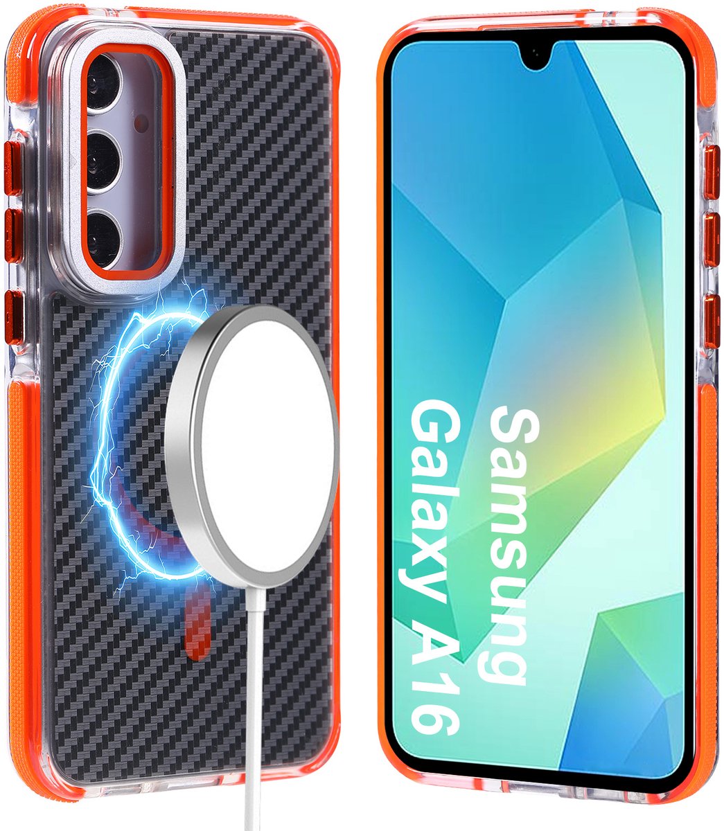 Magsafe Hoesje Geschikt voor Samsung A16 4G / 5G hoesje Oranje Heavy Duty Carbon Case met Versterkte Zijkanten, MagSafe en Camera Kickstand