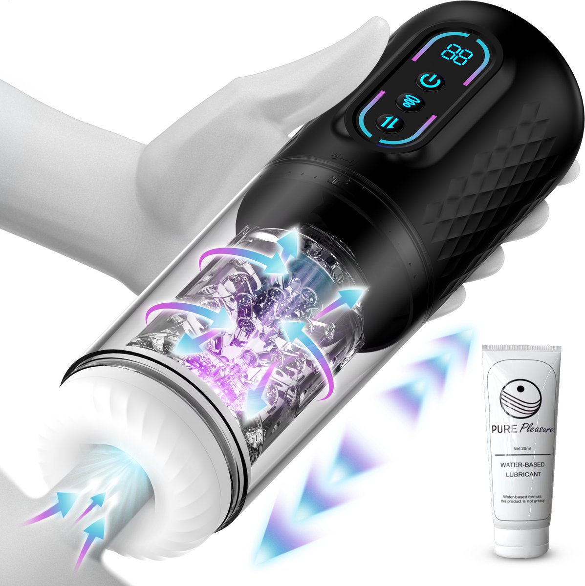 Pure Pleasure® Masturbator voor Man – Pocket Pussy - Sex Toys voor Mannen– 9 Zuig & Vibratiestanden – Realistisch & Verwarmd – Oplaadbaar Seksspeeltje – Inclusief 20ml Glijmiddel – Zwart