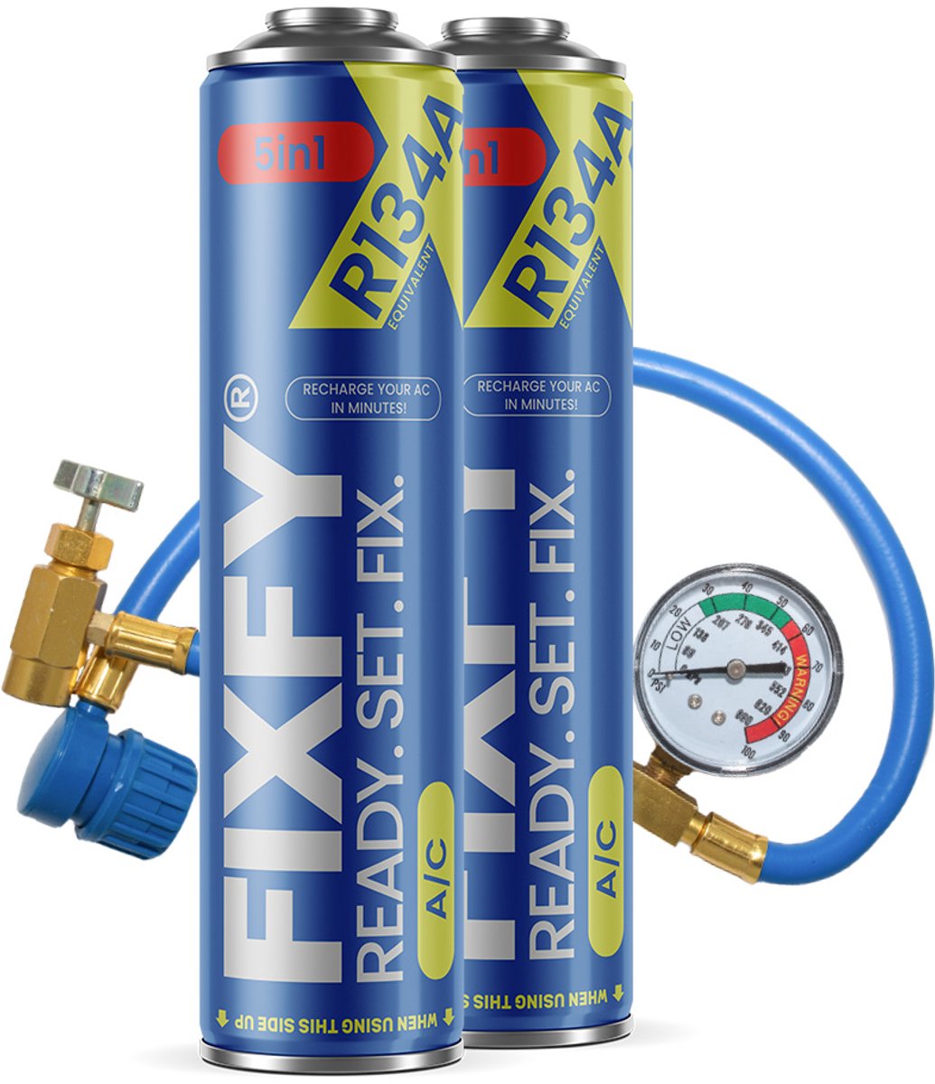 FIXFY 5in1 airconditioning navulset 2x GROTE BUS 500ml + slang met manometer R134a