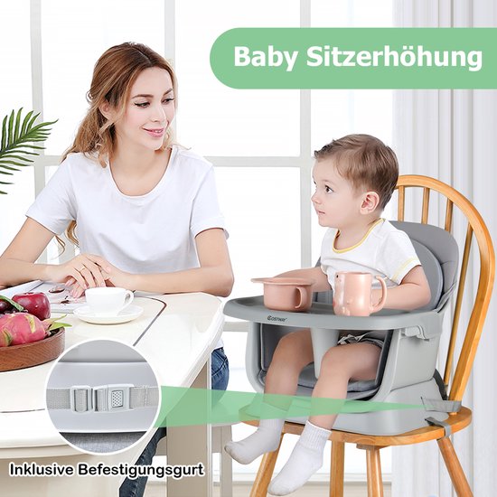 COSTWAY 6-in-1 babystoel, kinderstoel, eetstoel, leertafel, bouwsteentafel, kinderzitgroep, kinderstoel met veiligheidsgordel en afneembaar dienblad, babystoel, combikinderstoel, grijs van Merkloos — afbeelding 5