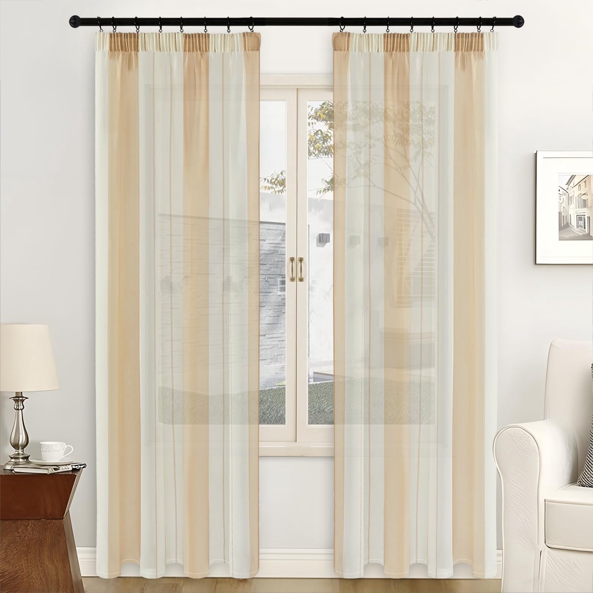 Ibenzoa Gordijnen met Plooiband voor Slaapkamer en Woonkamer - Halftransparant Beige en Wit met Strepen - Set van 2 Stuks 225x140cm Beige wit