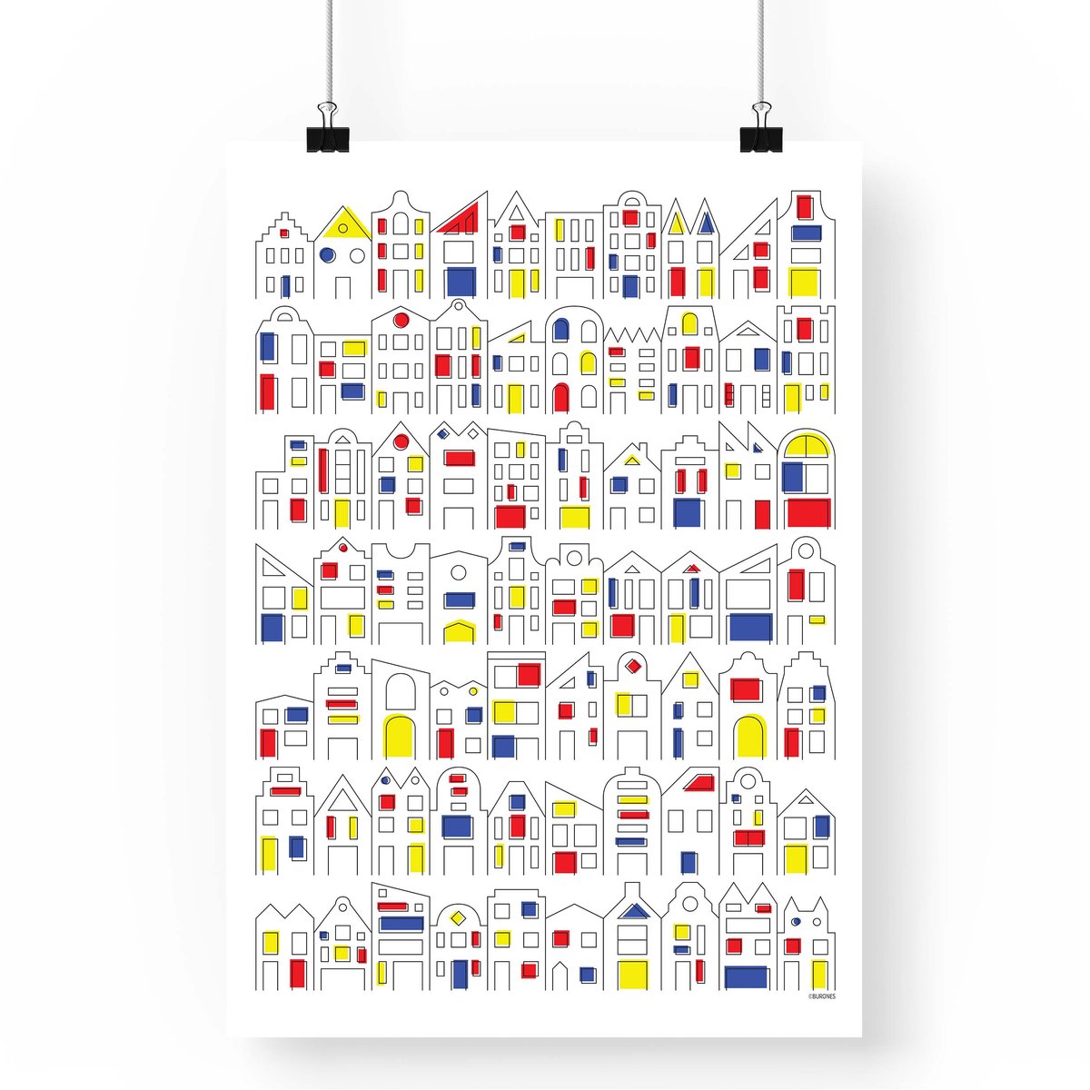 Artprint Hollandse Herenhuizen - A4 formaat - huis illustratie | mondriaan kleuren | nederlandse huizen | Poster Amsterdam