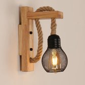 Haobosic - Wandlamp voor binnen van hout, lampenkap van vintage henneptouw, E27-fitting, zwart, geschikt voor slaapkamer (lamp niet inbegrepen)