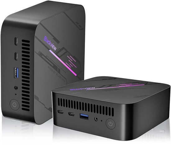 Blackview MP100 Mini PC - 16 GB DDR4 - 512 GB M.2 SSD - AMD Ryzen™ 5 7430U - Tot 4,3 GHz - Windows 11 Pro - WiFi 6 - USB 3.2 * 2 Type A 2.0 * 1 - 4K UHD - RGB-verlichting - BT 5.2 - Zwart