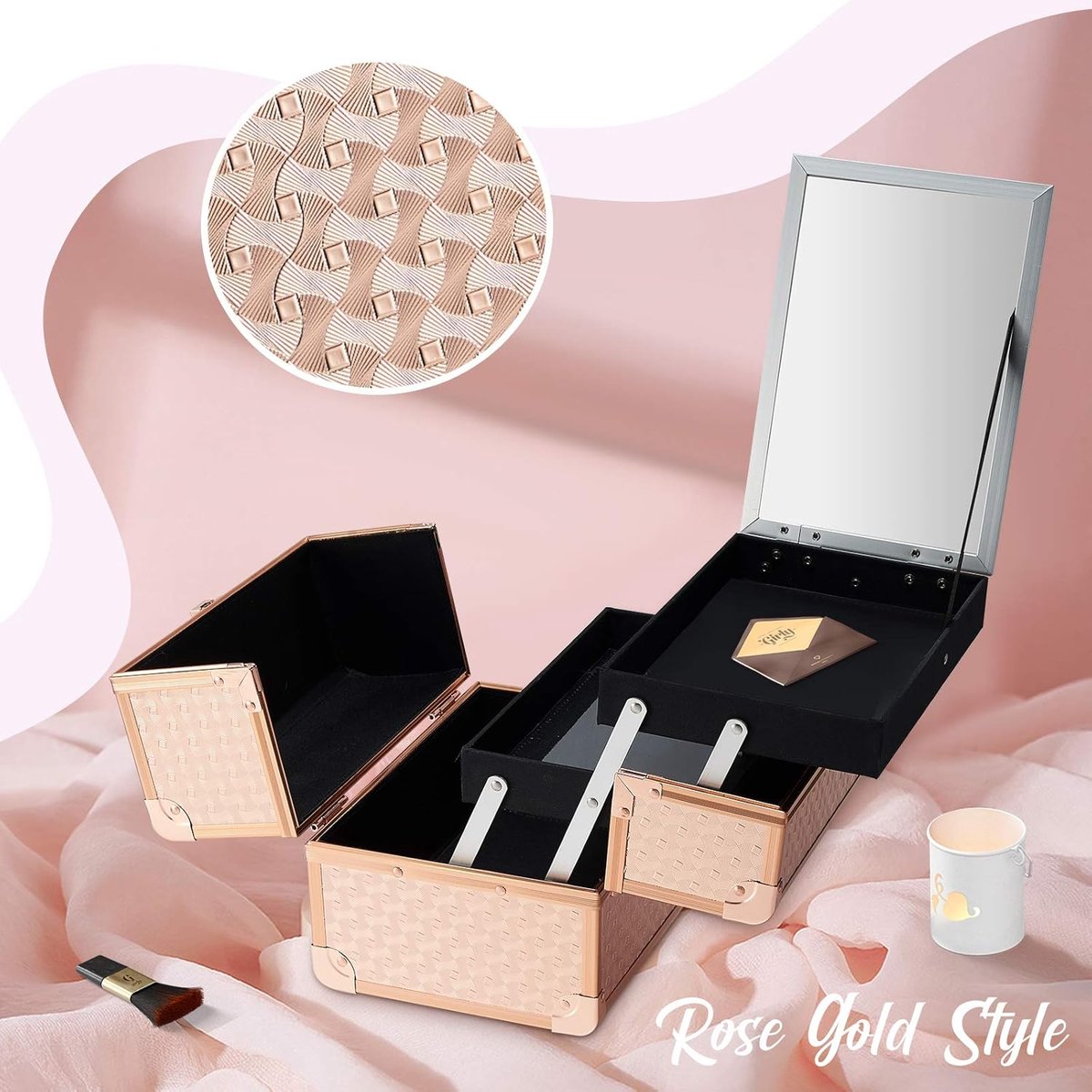 RFWR® Draagbare make-up koffer met spiegel en sleutels - Multikoffer in roségoud