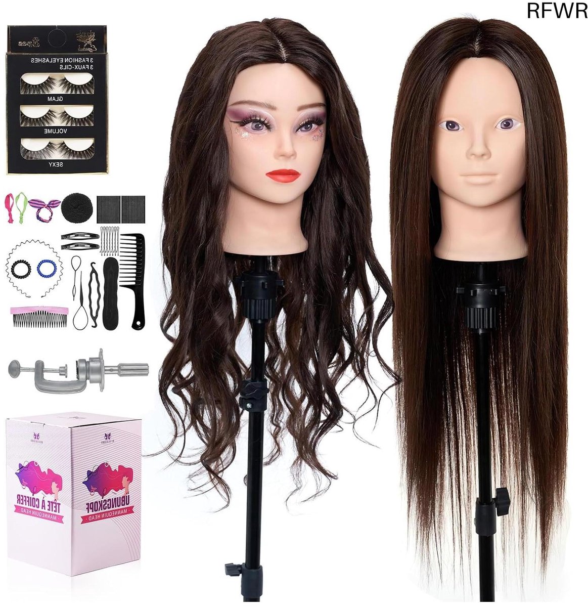 RFWR® Hoofd voor haarstyling met 60% echt haar en accessory set - ideaal voor kappers en cosmetica studenten