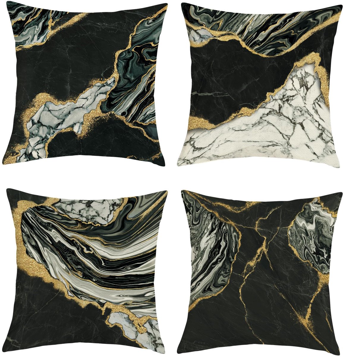 Ibenzoa® Set van 4 Moderne Kussenhoezen 45x45 cm met Abstract Marmerpatroon in Zwart, Wit en Goud voor Stijlvolle Interieurdecoratie