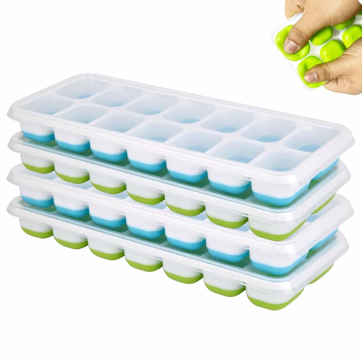 Ibenzoa® Siliconen ijsblokjesvormen met deksel voor eenvoudig ijs maken en stapelen, 4 stuks, BPA-vrij, ideaal voor vriezer en cocktails