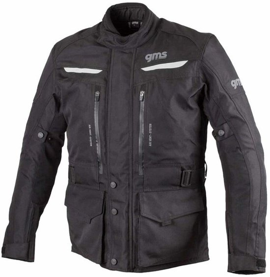 GMS zwarte motorjas met reflecterende accenten, ritsen en klepzakken.