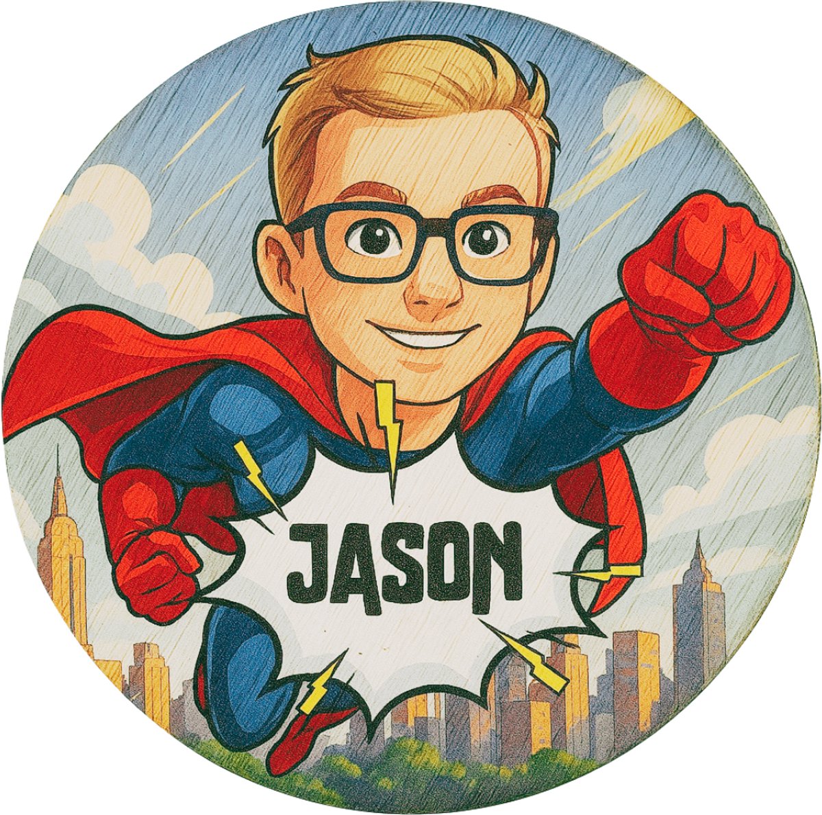Gepersonaliseerd super hero naambordje van hout - met je eigen naam & gezicht - 16cm diameter