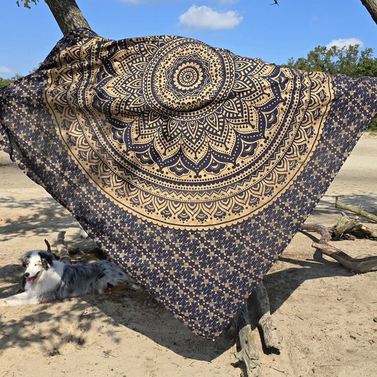 XXL strandlaken - 240 x 210 - super groot strandkleed - Blauw/Goud - Tweepersoons strandkleed - Groot strandlaken - Mandala strandlaken - wandkleed - dunne zomer sprei