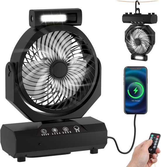 Camping ventilator – tentlicht – powerbank – USB – afstandsbediening – zwart