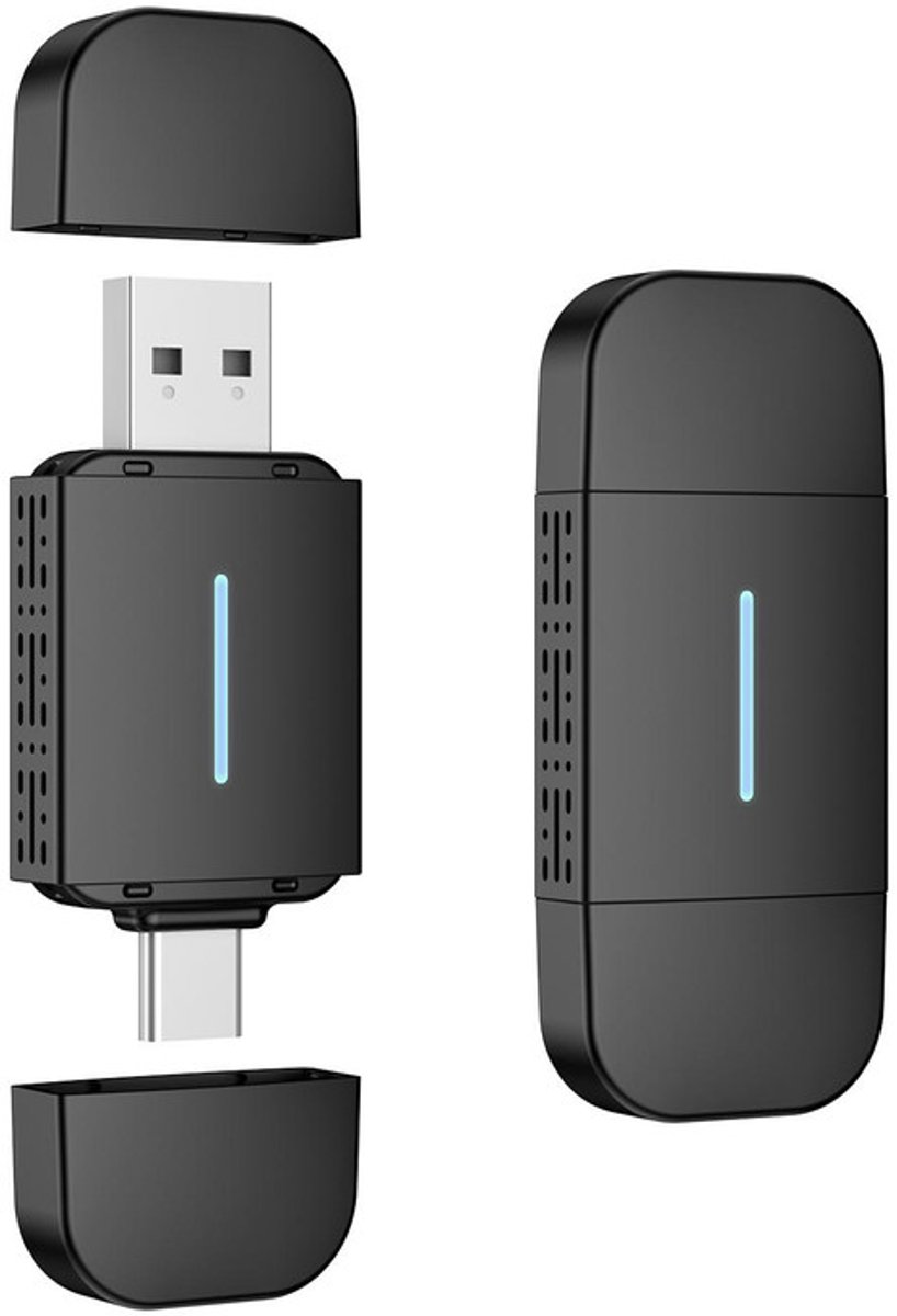 Carplay Dongle - voor Apple Carplay en Android Auto - Draadloos - Draadloze verbinding voor o.a. iPhone en Samsung - USB en USB-C - Plug & Play - zwart