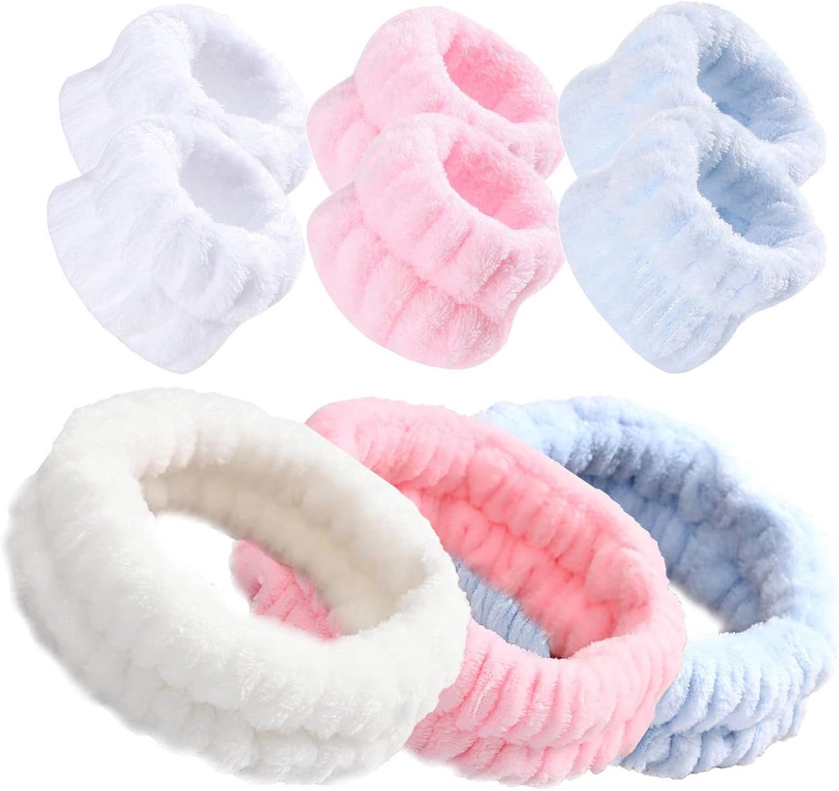 Polsband Set voor Gezichtswas - Elastische Pols Wasband voor Dames - Set van 9 Stuks in Blauw, Wit en Roze - Ideaal voor Gezichtsverzorging en Yoga