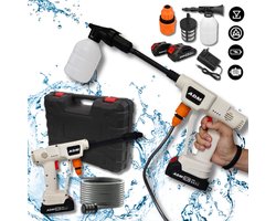 ADM Draadloze Hogedrukreiniger met 2 Accu’s – 21V – Voor Auto, Tuin, Grafsteen, GFT-bak, en Meer – Incl. Koffer & Spuitkop - wit