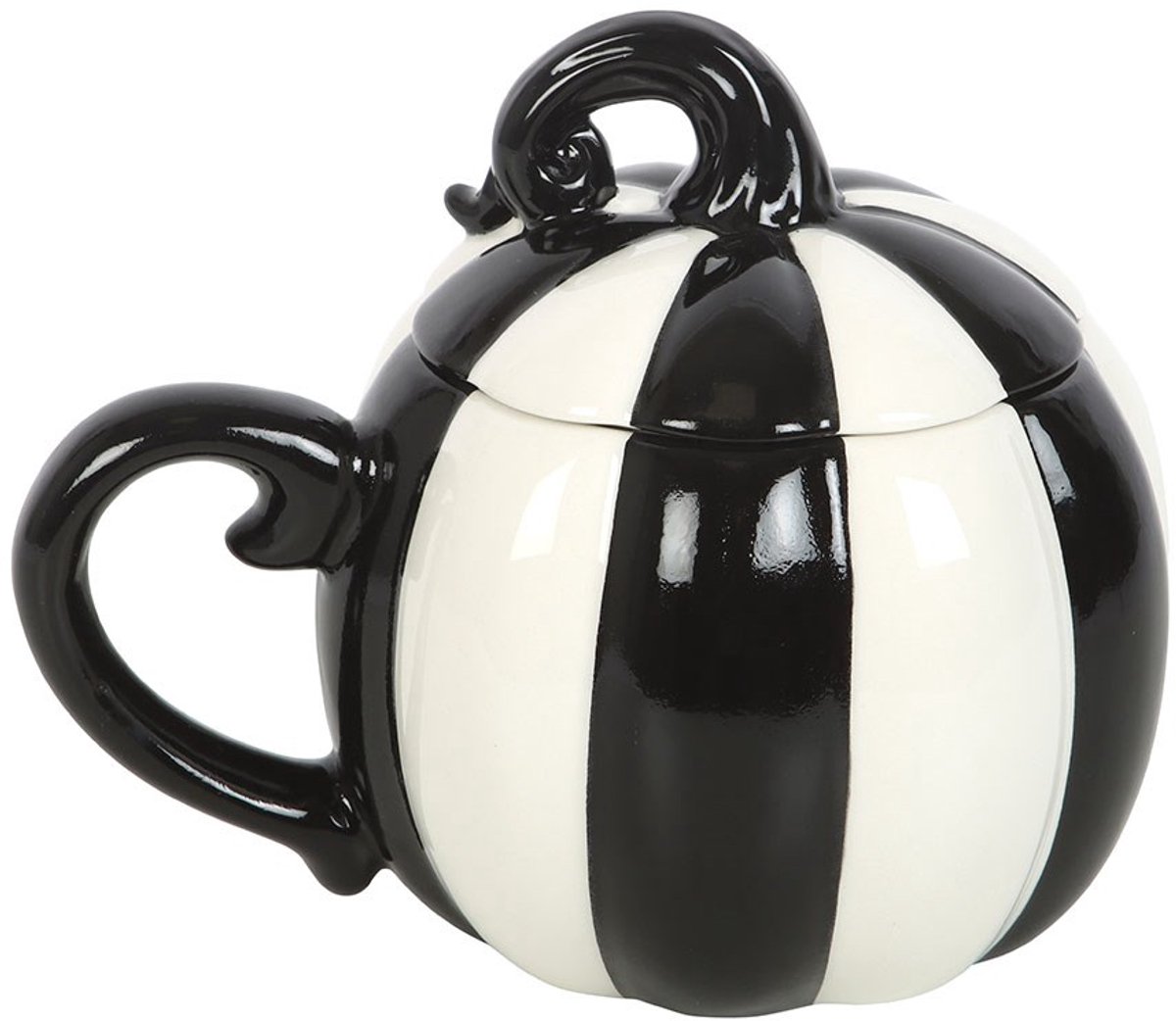 Pompoen Mok met Deksel - Zwart-wit Gestreept - keramiek - (hxbxd) 13cm x 16cm x 12cm