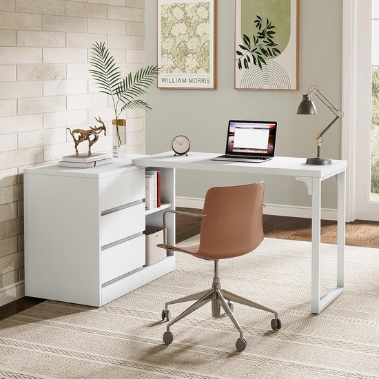 TRIBESIGNS Bureau - L-Vormige Computer Bureau met Laden en Planken - Computerbureau - Omkeerbare Witte Hoek Bureau met Opbergkast - Bureautafel voor Thuiskantoor - 100 x 45 x 75 cm - Wit