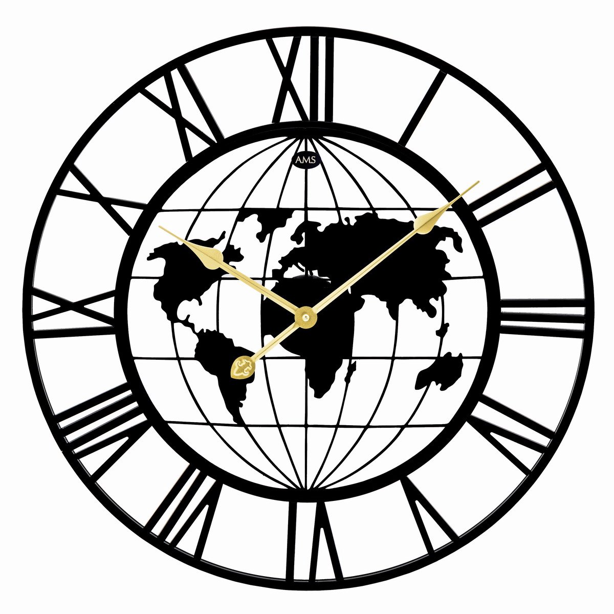 AMS W9702 - Wandklok - Analoog - Quartz uurwerk - Rond - Metaal - Wereldkaart - Romeinse Cijfers - Zwart - Goudkleurig - D 60 x 4 cm