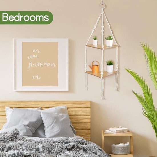 Hangende rekken voor aan de muur - Set van 2 houten touwplanken met 4 ...