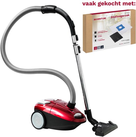Rode stofzuiger met grijze slang, zilveren buis, zwarte mondstukken en witte wielen, naast een doosje stofzuigerzakken.
